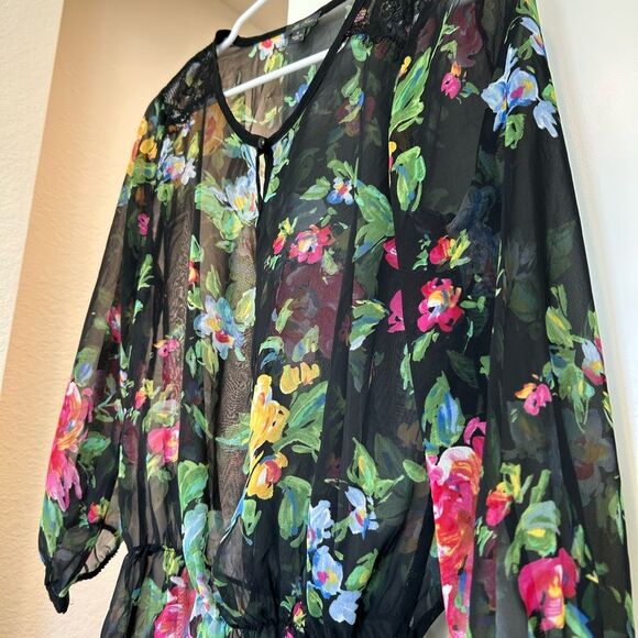 Lily Rose Pink and Yellow Sheer Floral and Black Blouse, Size S - Picture 4 of 11